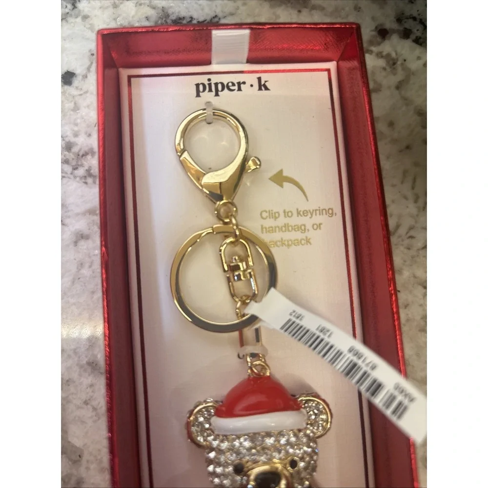 Piper K Bag Charm Keychain Teddy Bear Rhinestone Gold Tone Santa Hat Christmas